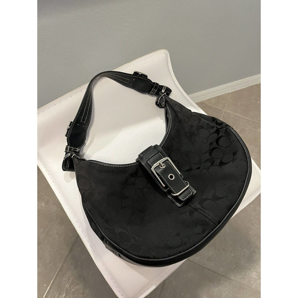 coach signature C cloth/leather adjustable strap hand bag 100% AUTH. B0771F06363